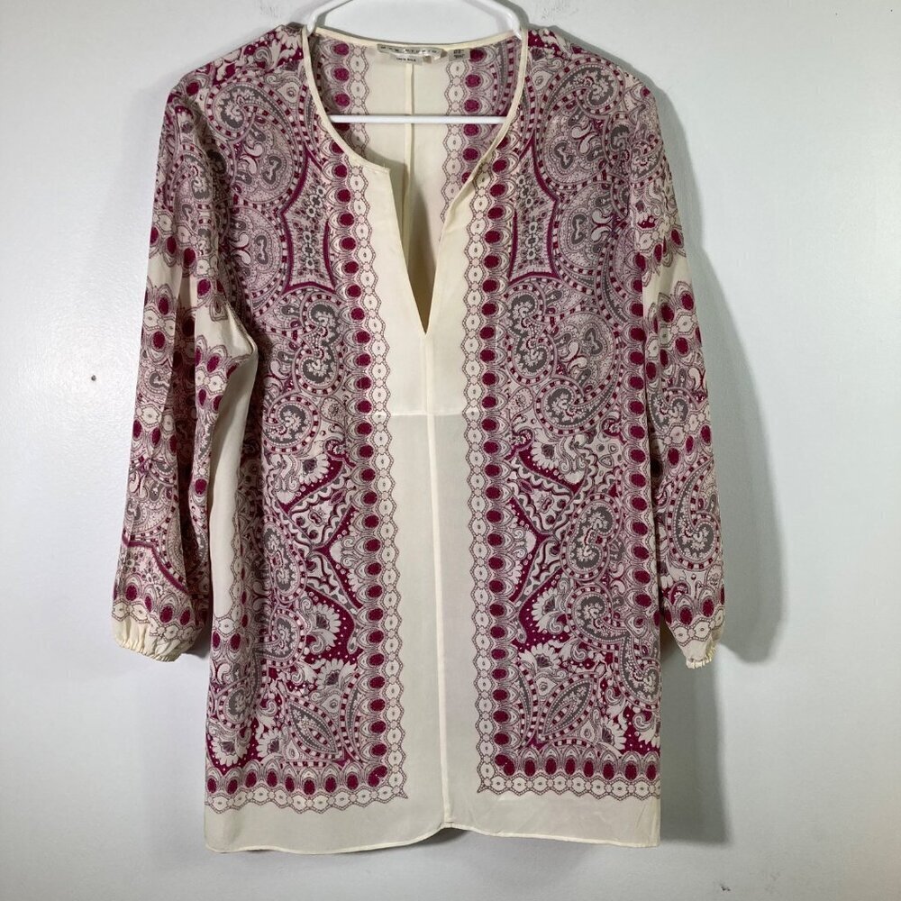 Womens Vintage Max Studio 3/4 Sleeve V Neck Silk Tunic Cream Red Pattern M
